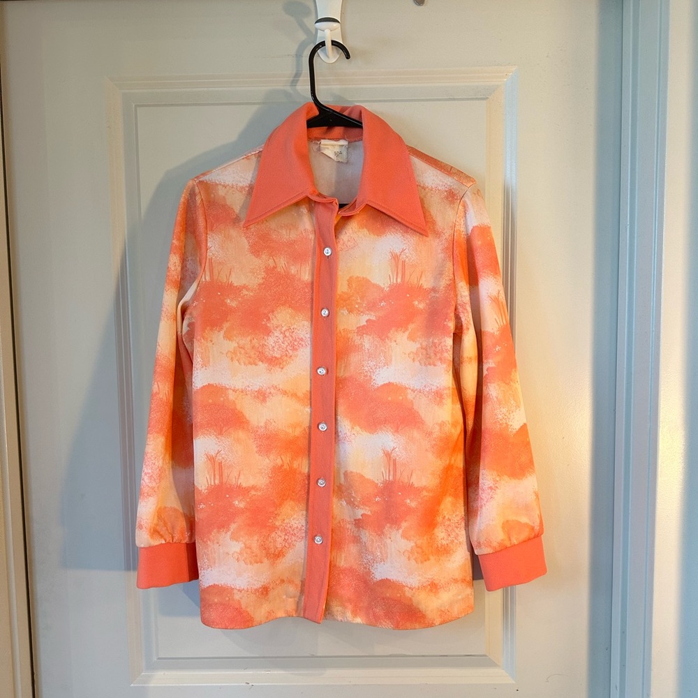Vintage 70’s Tangerine Wide Collar Button Up Shirt, size Medium